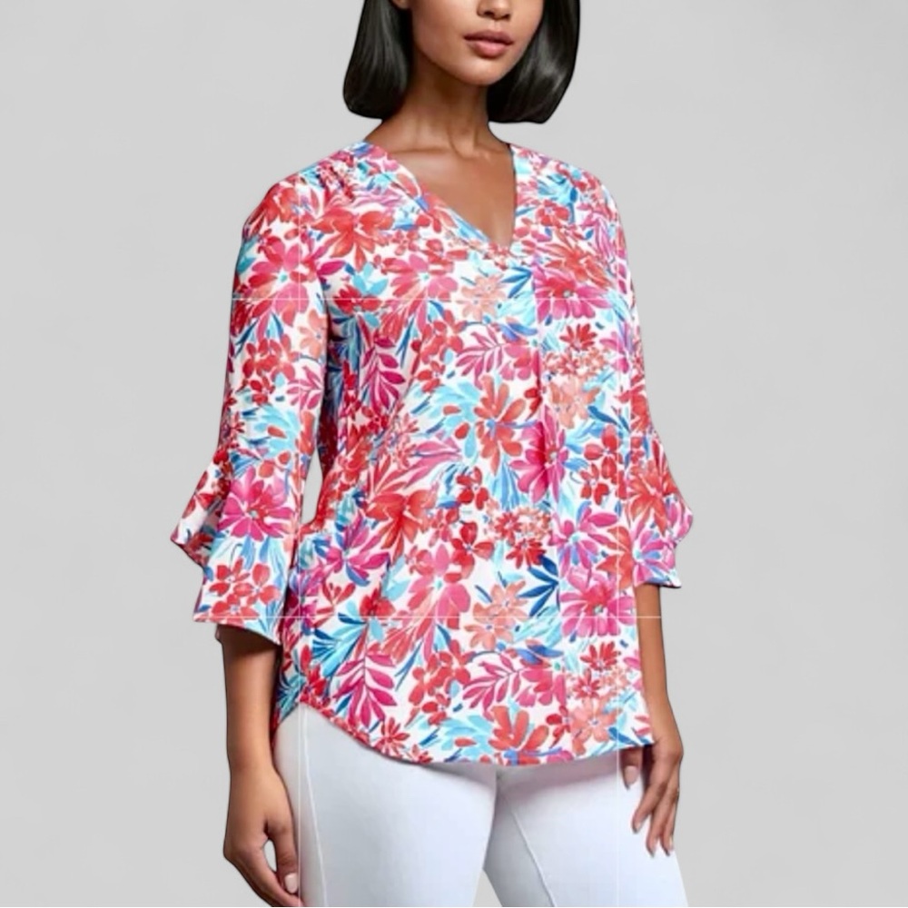 NWT Jones New York Spring Summer Y-Neck 3/4 with Flutter Sleeve Size Medium (1)